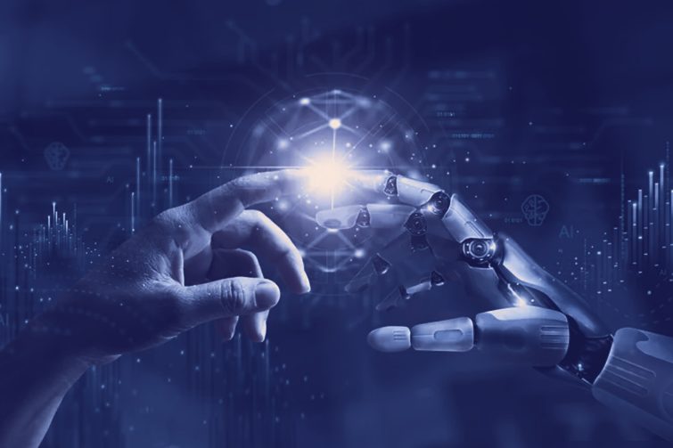 Een mensenhand en een robothand raken elkaar aan — mens en AI in de zorg